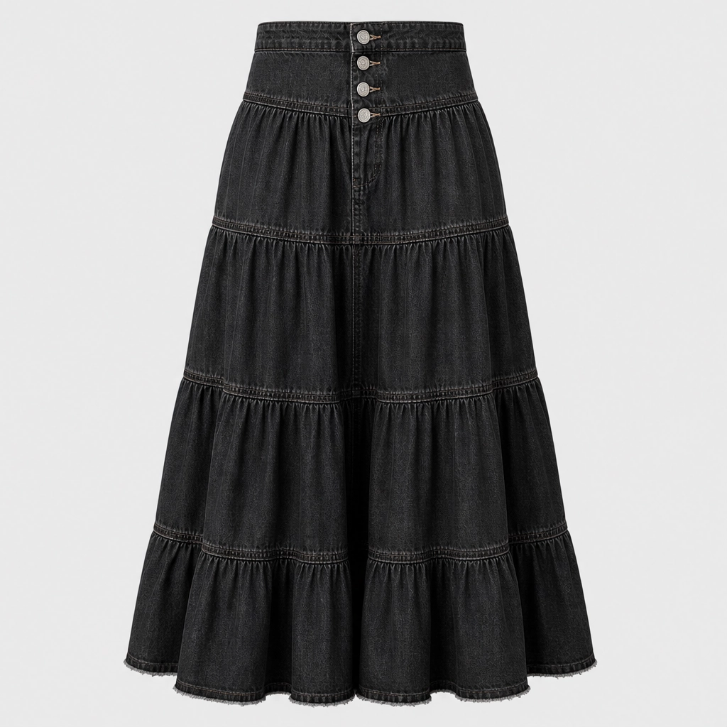 Willowdrift™ – High-Waisted Tiered A-Line Boho Denim Maxi Skirt + 50% OFF
