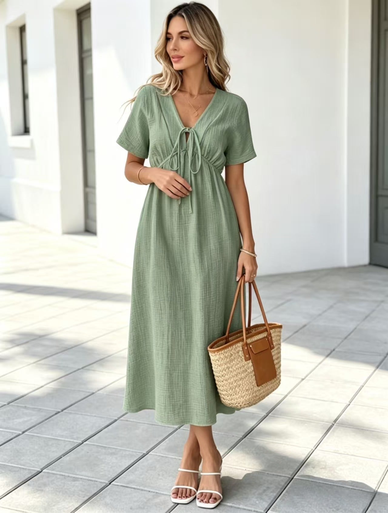 Marindale™ – Crinkle Gauze V-Neck Tie-Detail Midi Dress with Pockets + 50% OFF