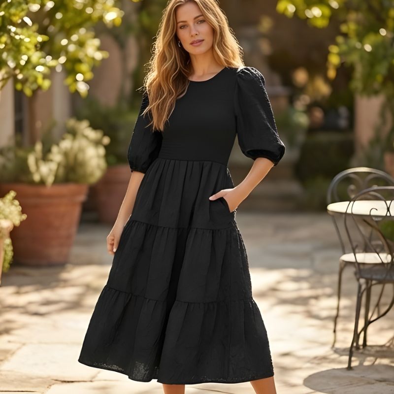 Florenne™ – Embossed Floral Smocked Puff Sleeve Tiered Midi Dress + 50% OFF