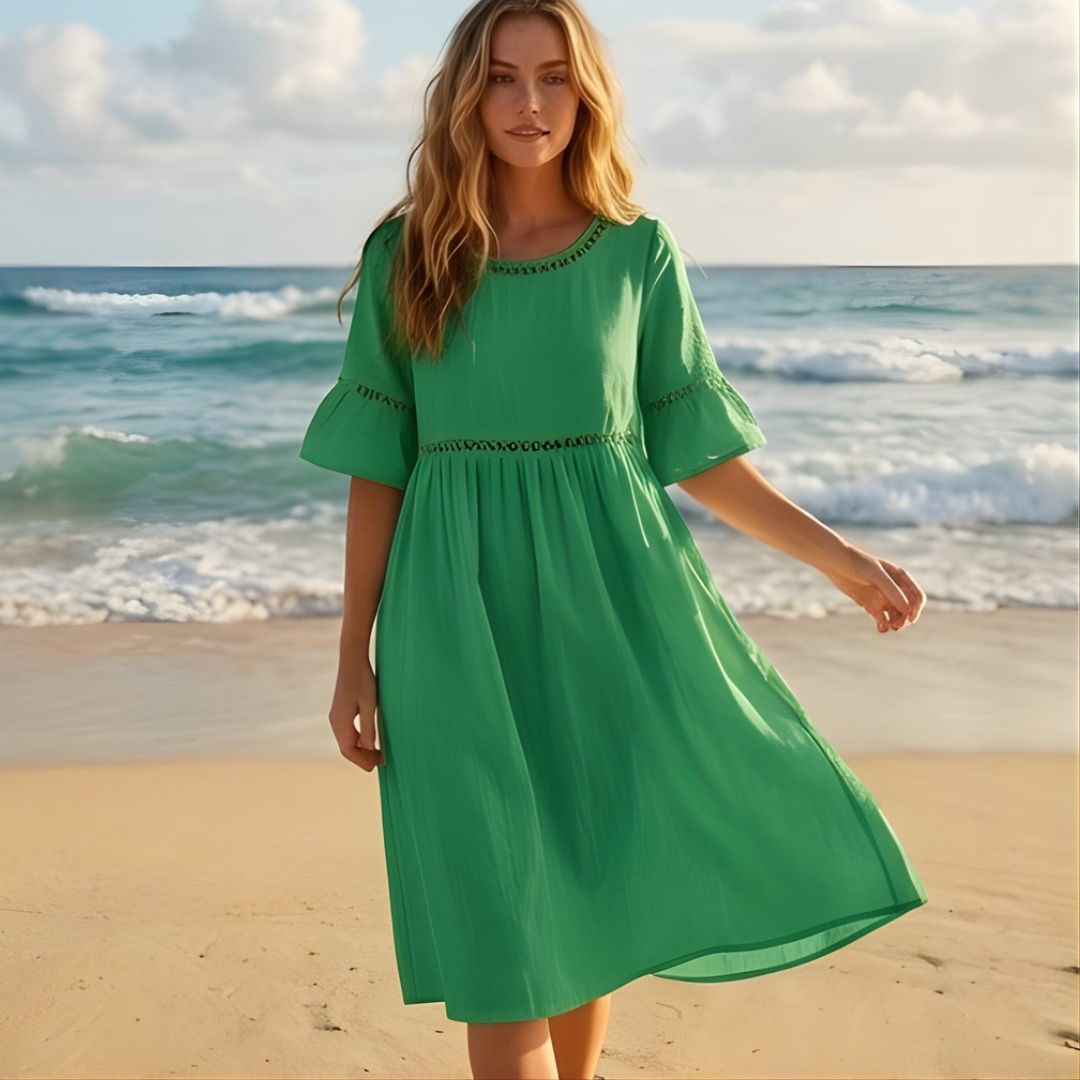 Gossamer™ – Eyelet Lace Cotton Linen Midi Dress with Pockets + 50% OFF