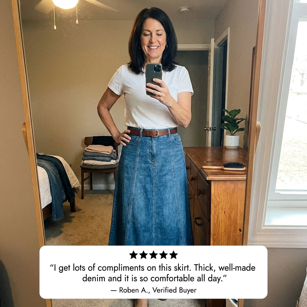 Selvedge™ – A-Line Flattering Denim Maxi Skirt | Lengthening Silhouette, Real Pockets, S–2XL + 50% OFF