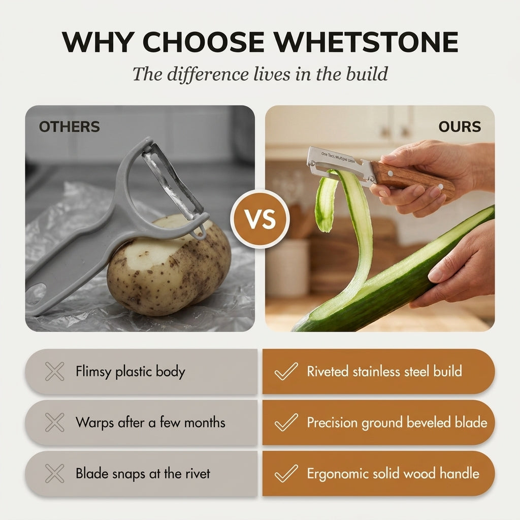 Whetstone™ – Stainless Steel Multi-Use Peeler with Wooden Handle & Built-In Bottle Opener + 50% OFF