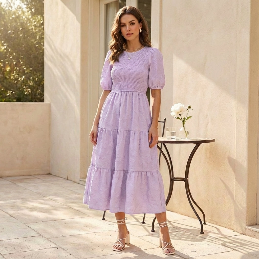 Gossamer™ – Smocked Puff Sleeve Tiered Midi Dress + 50% OFF