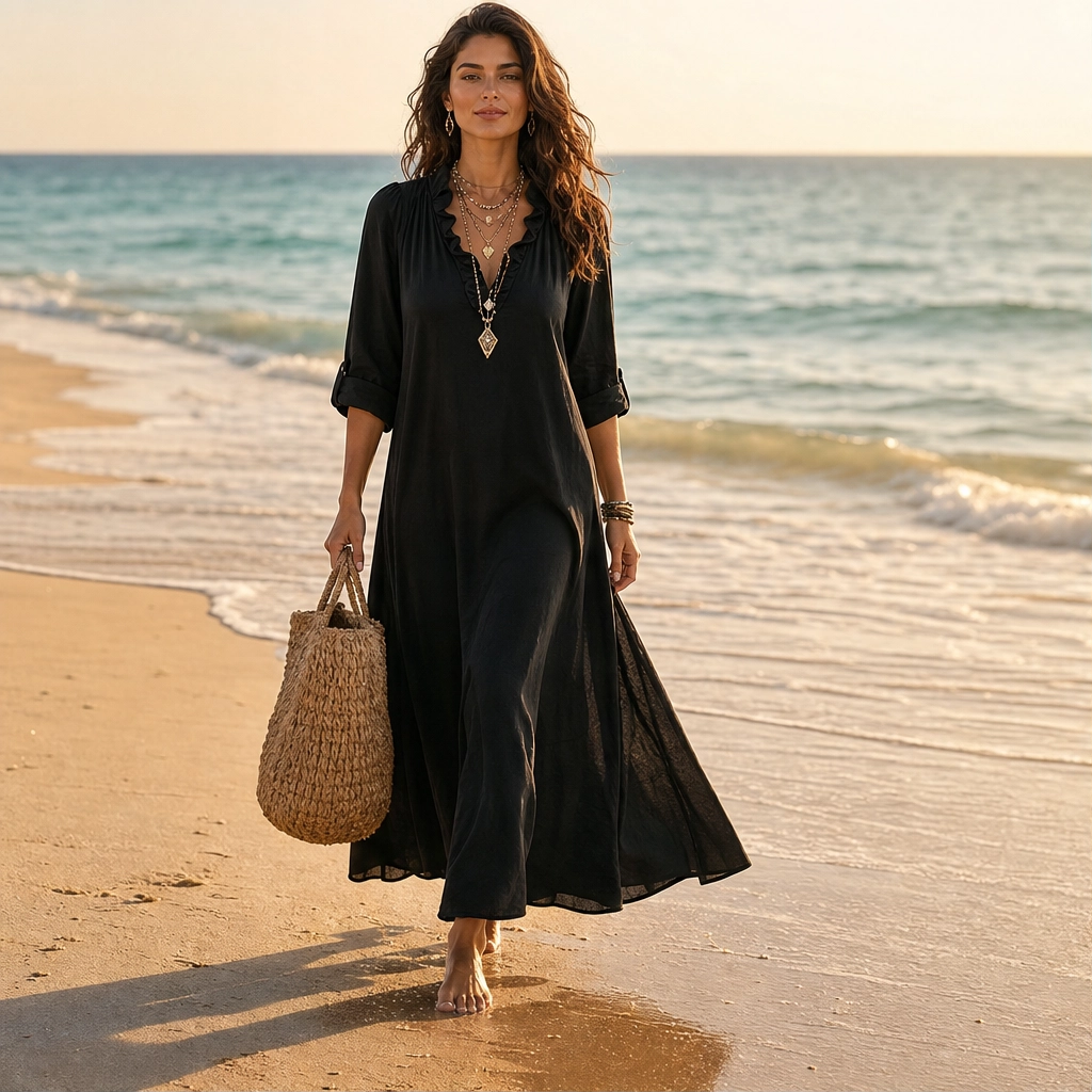 Marisol – Ruffle V-Neck A-Line Maxi Dress with Pockets, Lightweight & Flowy + 50% OFF