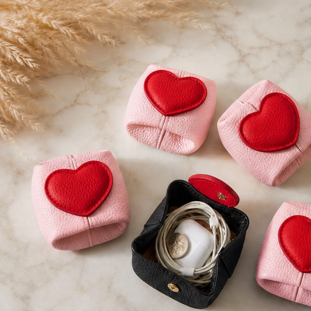 Pebble & Heart – Top-Grain Leather Squeeze-Top Mini Coin Pouch with Heart Detail + 1+1 FREE