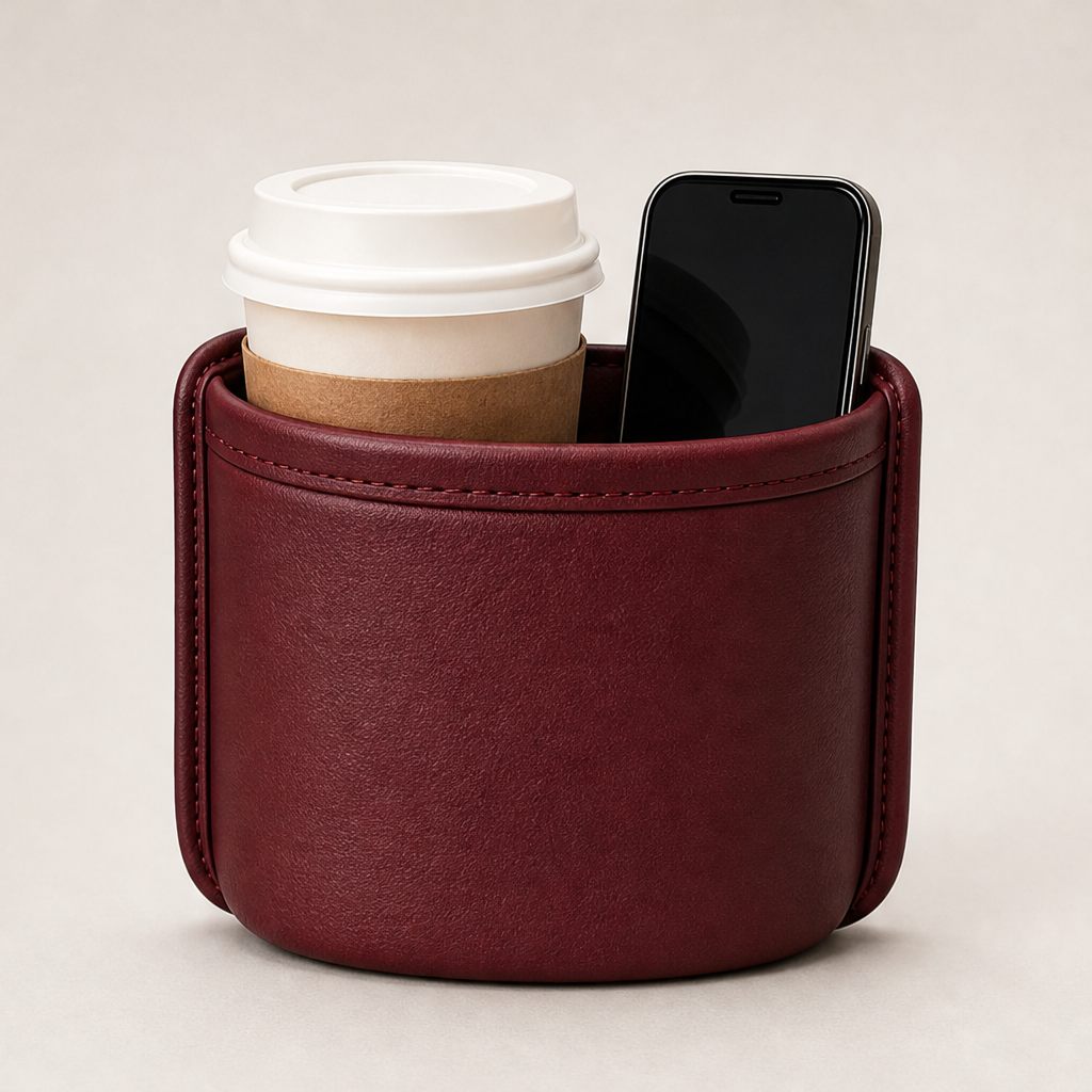 Cargrip – Clip-On PU Leather Car Cup Holder & Storage Pouch + 50% OFF Burgundy