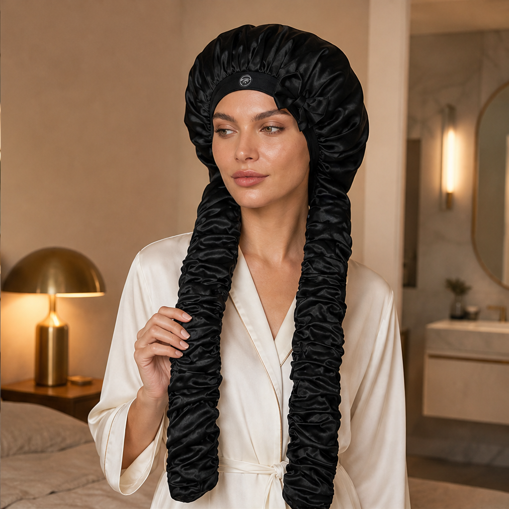 Duvelle – Heatless Curl Satin Bonnet with Extra-Long Wrap Sleeves + 1+1 FREE lifestyle