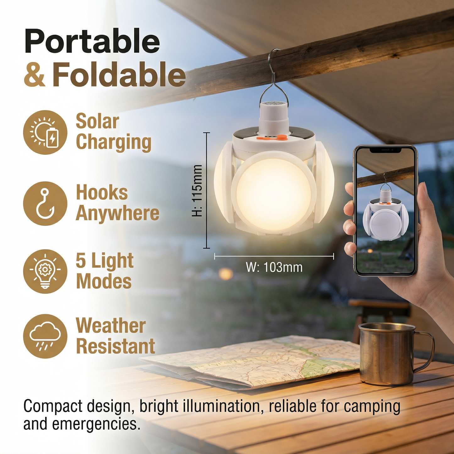 Cairnlight™ – Foldable Solar Camping Lantern with 4 LED Panels & Hanging Hook + 50% OFF