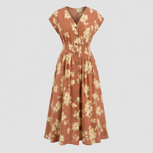 Verbena™ – Floral V-Neck Button-Down Pleated Midi Dress + 50% OFF