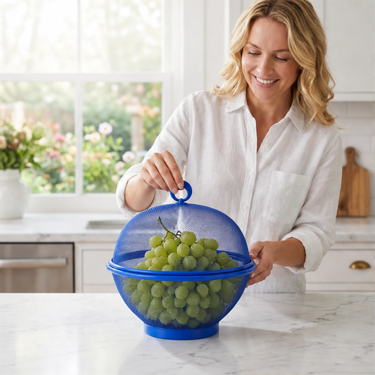 Larder™ – Breathable Mesh Fruit Basket with Dome Lid & Built-In Colander + 50% OFF