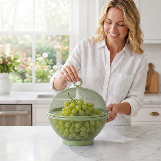 Larder™ – Breathable Mesh Fruit Basket with Dome Lid & Built-In Colander + 50% OFF