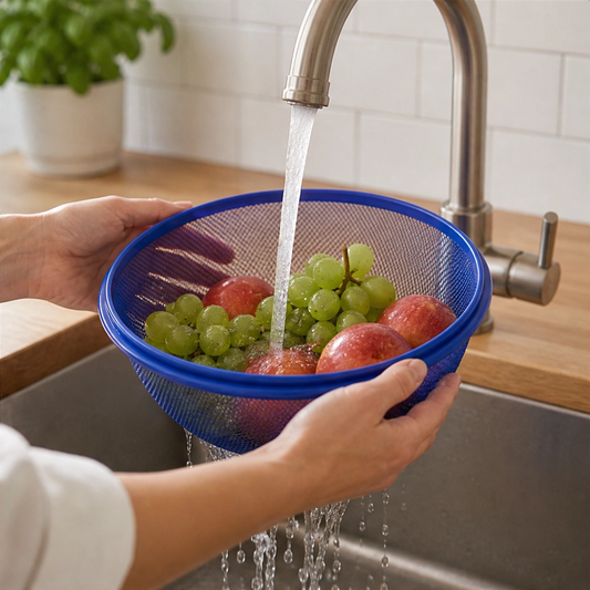 Larder™ – Breathable Mesh Fruit Basket with Dome Lid & Built-In Colander + 50% OFF