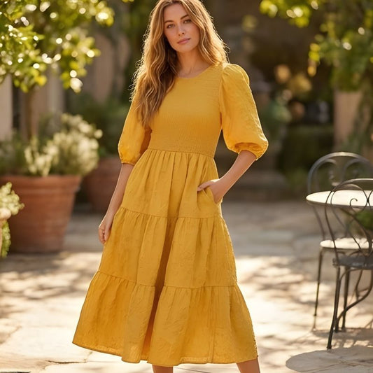 Florenne™ – Embossed Floral Smocked Puff Sleeve Tiered Midi Dress + 50% OFF