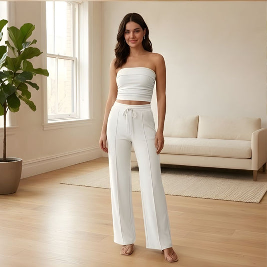 Riveaux™ – Ribbed Strapless Crop Top & Wide-Leg Pants Matching Set + 50% OFF
