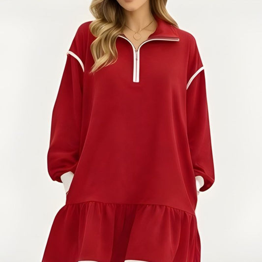 Flounce™ – Half-Zip Ruffle Hem Long Sleeve Sweatshirt Dress + 50% OFF