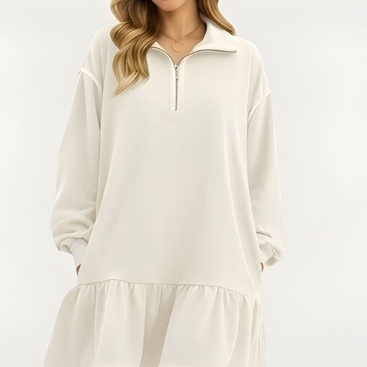 Flounce™ – Half-Zip Ruffle Hem Long Sleeve Sweatshirt Dress + 50% OFF