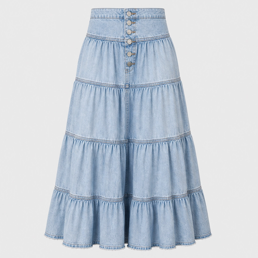 Willowdrift™ – High-Waisted Tiered A-Line Boho Denim Maxi Skirt + 50% OFF