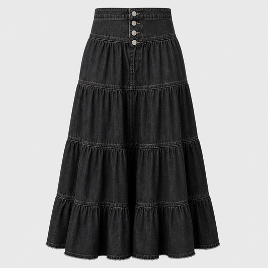 Willowdrift™ – High-Waisted Tiered A-Line Boho Denim Maxi Skirt + 50% OFF