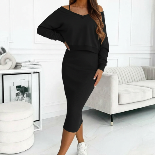 Plié™ – Layered V-Neck Pullover & Midi Dress 2-Piece Set + 50% OFF
