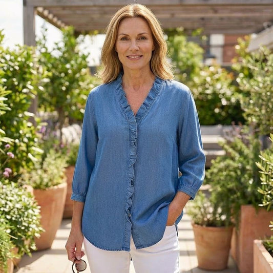 Gatherne™ – Ruffle V-Neck Soft Denim Blouse for Women + 50% OFF