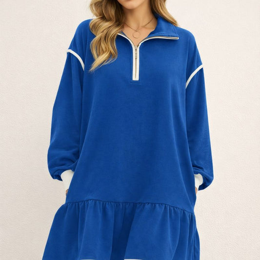 Flounce™ – Half-Zip Ruffle Hem Long Sleeve Sweatshirt Dress + 50% OFF