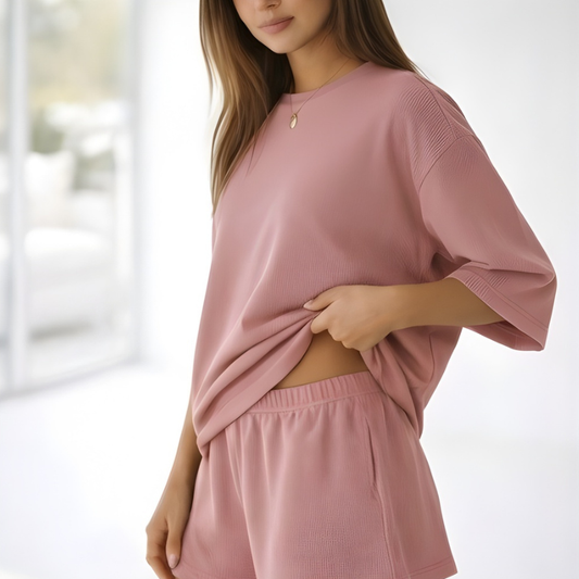 Hushwear™ – Oversized Lounge Set Women 3/4 Sleeve Top & Elastic Waist Shorts + 50% OFF