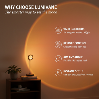 Lumivane™ – 64-Color Sunset Projector Lamp with Remote Control & 180° Adjustable Head + 50% OFF