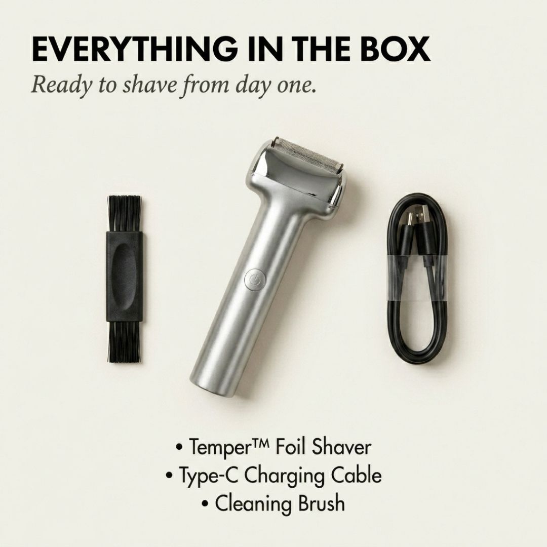 Temper™ – Wide Foil, Tilt Head & IPX6 Rechargeable Electric Shaver for Men + 50% OFF