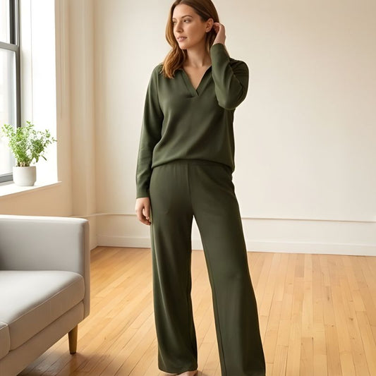 Luvene™ – Soft Knit V-Neck Lapel Top & Wide-Leg Pants Lounge Set + 50% OFF