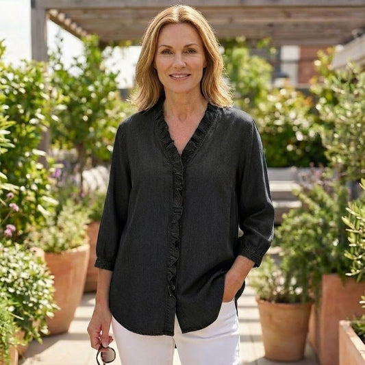 Gatherne™ – Ruffle V-Neck Soft Denim Blouse for Women + 50% OFF