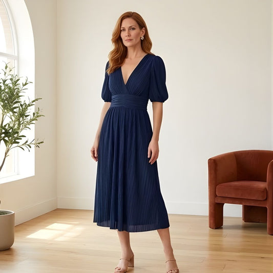 Plissé™ – Ruched Waist Puff Sleeve Midi Dress | V-Neck Flowing Fabric for Women + 50% OFF