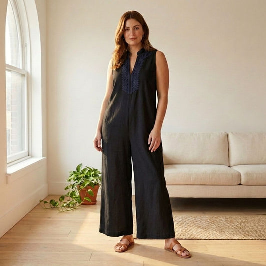 Terraveil™ – Embroidered V-Neck Cotton-Linen Wide-Leg Jumpsuit + 50% OFF