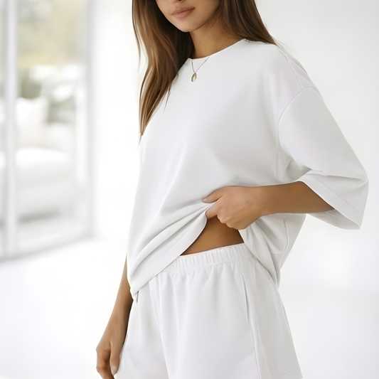 Veluna™ – Soft Oversized 3/4 Sleeve Top & Elastic Waist Shorts Lounge Set + 50% OFF