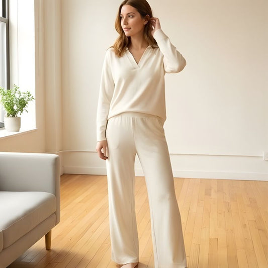 Luvene™ – Soft Knit V-Neck Lapel Top & Wide-Leg Pants Lounge Set + 50% OFF