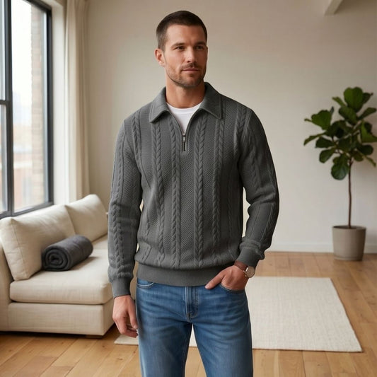 Braidwell™ – Cable-Knit Half-Zip Men's Sweater with Polo Collar + 50% OFF