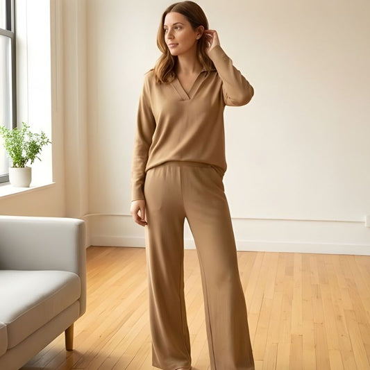 Luvene™ – Soft Knit V-Neck Lapel Top & Wide-Leg Pants Lounge Set + 50% OFF