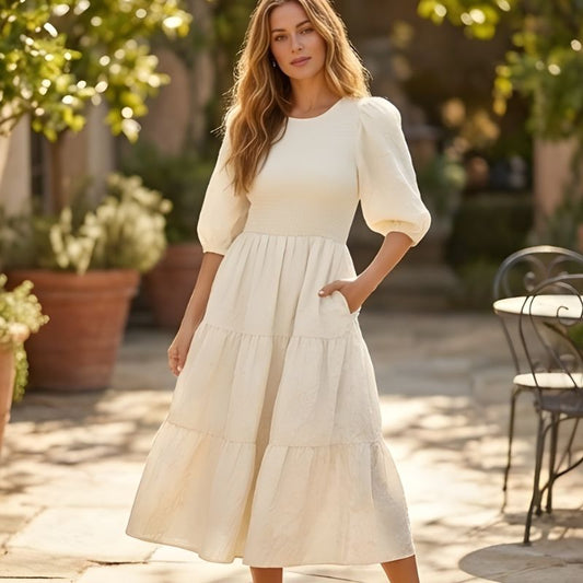 Florenne™ – Embossed Floral Smocked Puff Sleeve Tiered Midi Dress + 50% OFF
