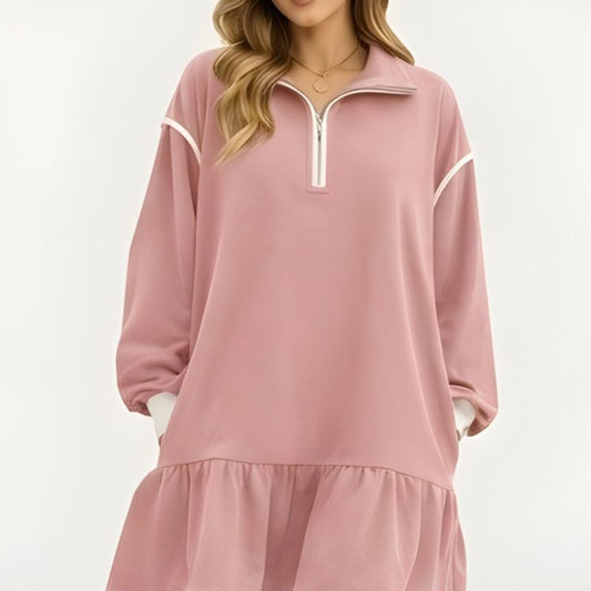 Flounce™ – Half-Zip Ruffle Hem Long Sleeve Sweatshirt Dress + 50% OFF