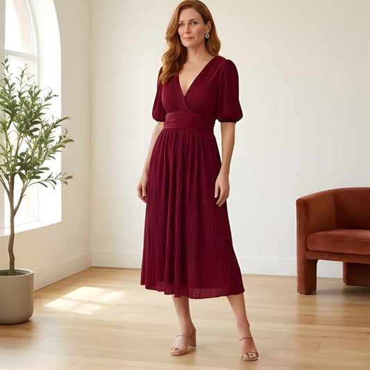 Plissé™ – Ruched Waist Puff Sleeve Midi Dress | V-Neck Flowing Fabric for Women + 50% OFF