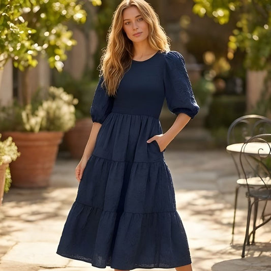 Florenne™ – Embossed Floral Smocked Puff Sleeve Tiered Midi Dress + 50% OFF