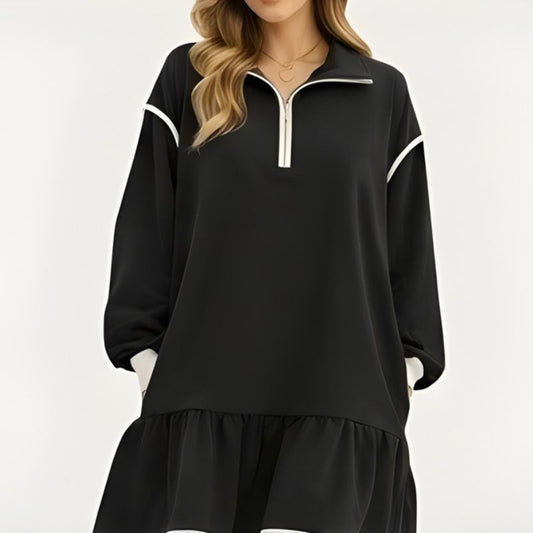 Flounce™ – Half-Zip Ruffle Hem Long Sleeve Sweatshirt Dress + 50% OFF