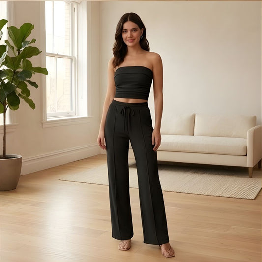 Riveaux™ – Ribbed Strapless Crop Top & Wide-Leg Pants Matching Set + 50% OFF