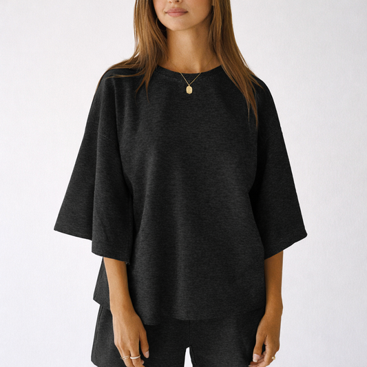 Hushwear™ – Oversized Lounge Set Women 3/4 Sleeve Top & Elastic Waist Shorts + 50% OFF