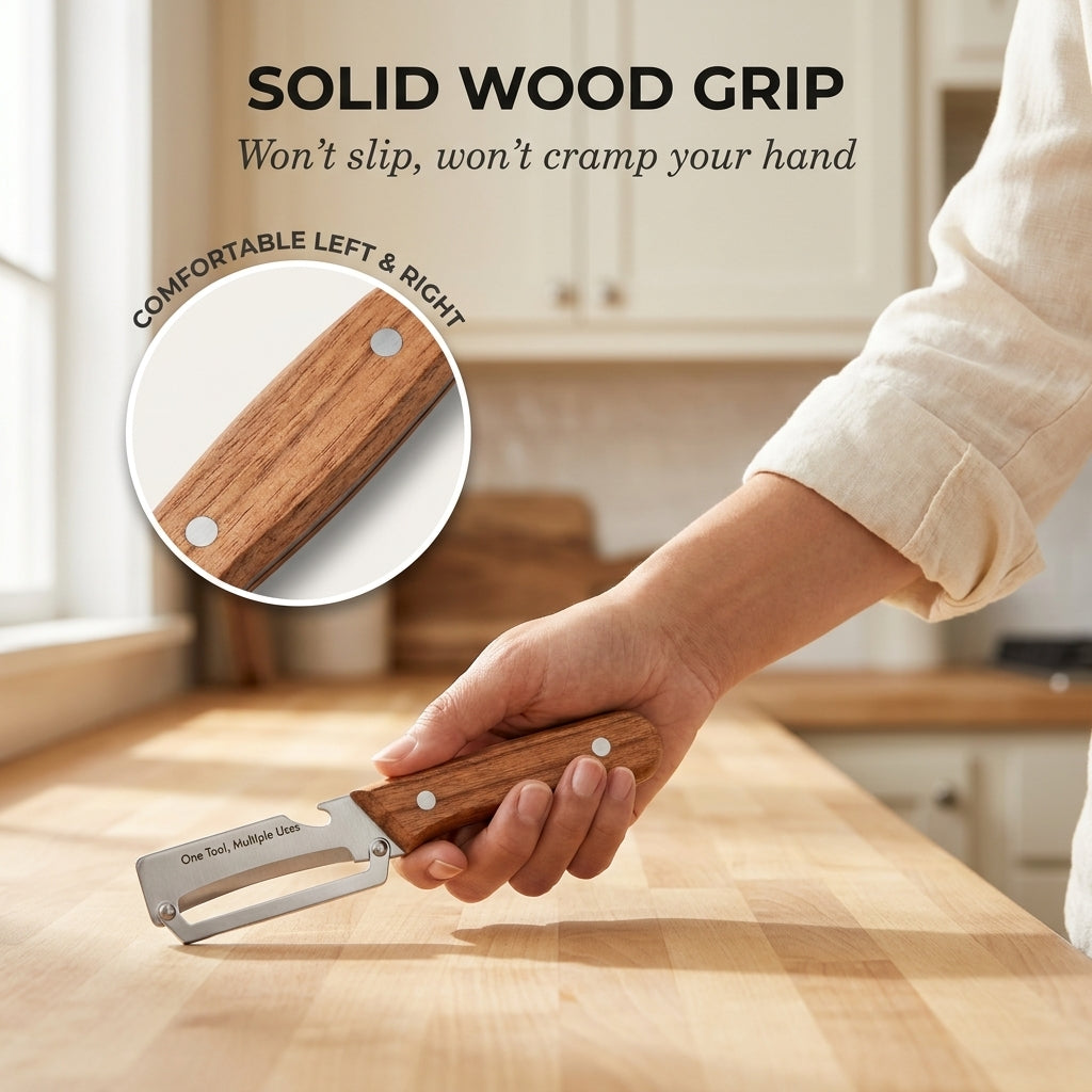 Whetstone™ – Stainless Steel Multi-Use Peeler with Wooden Handle & Built-In Bottle Opener + 50% OFF