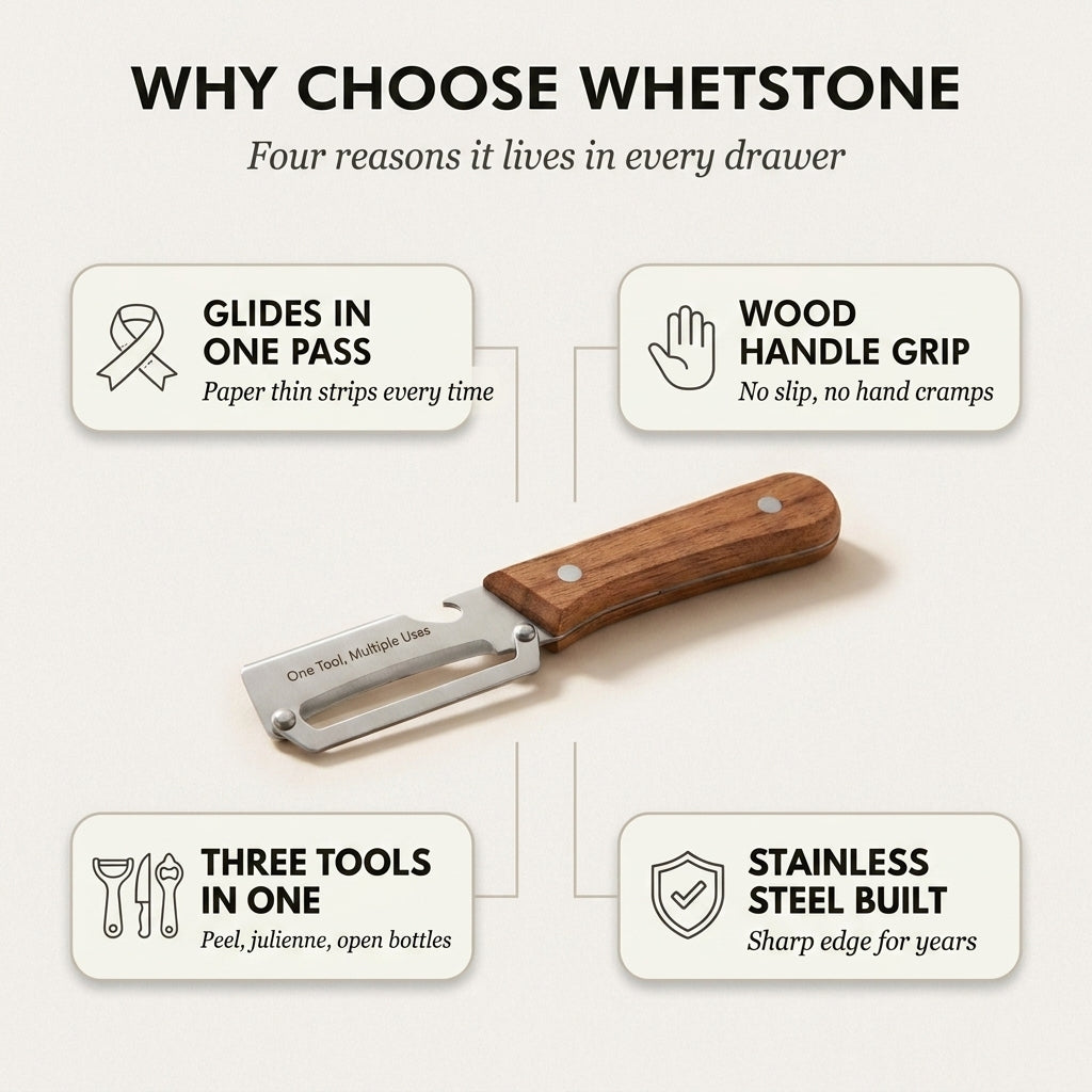 Whetstone™ – Stainless Steel Multi-Use Peeler with Wooden Handle & Built-In Bottle Opener + 50% OFF