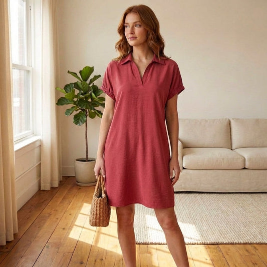 Willowbrook™ – Collared V-Neck Shirt Dress with Pockets, Ruched Sleeves, Lightweight Summer Dress for Women + 50% OFF