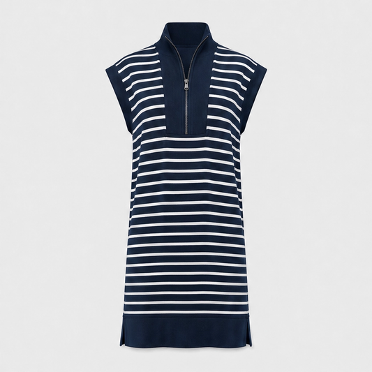 Belmare™ – Ribbed Knit Half-Zip Striped Cap-Sleeve Mini Dress with Pockets + 50% OFF