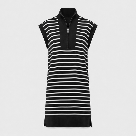 Belmare™ – Ribbed Knit Half-Zip Striped Cap-Sleeve Mini Dress with Pockets + 50% OFF