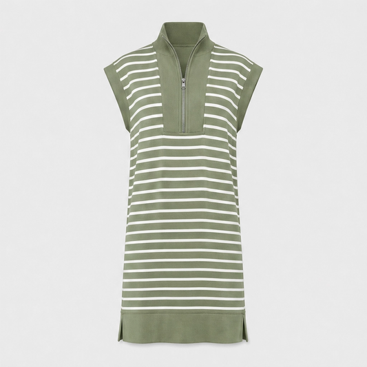 Belmare™ – Ribbed Knit Half-Zip Striped Cap-Sleeve Mini Dress with Pockets + 50% OFF