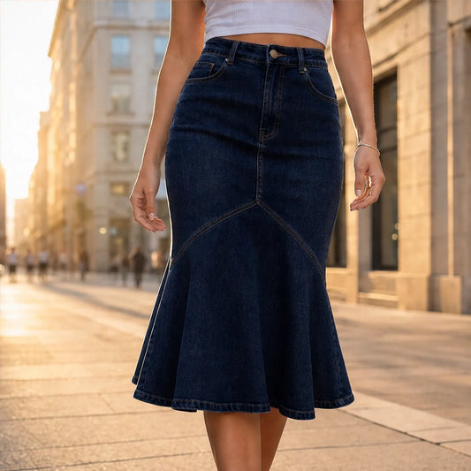 Vesperelle™ – High-Waist Flared Fishtail Denim Midi Skirt + 50% OFF